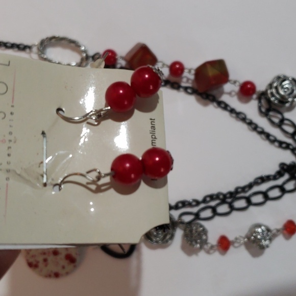 Gunmetal Chain - Layered Various Sizes Colorful Beads Necklace Matching Earrings - Picture 6 of 7